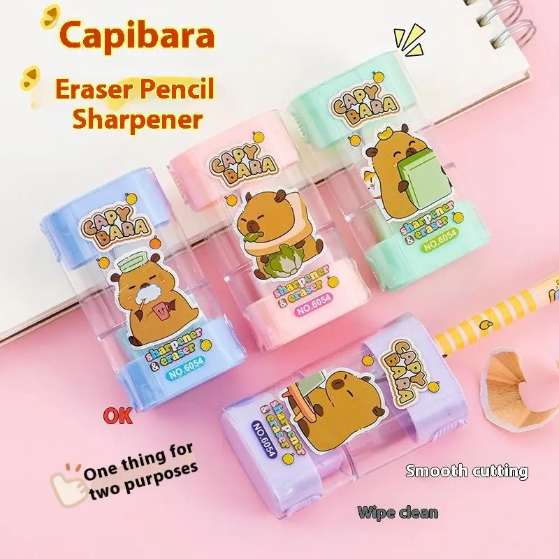 4Pcs 크리 에이 티브 만화 Capybara 2In1 수동 연필 깎이 지우개 귀여운 어린이 편지지 선물 학생 학교 용품