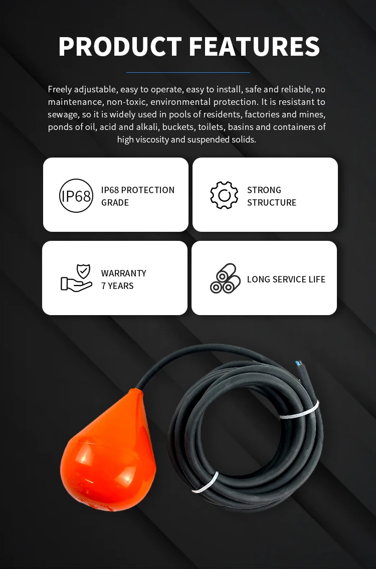 

2026 New 5m 10m Cable IP68 Float Switch Level Sensor with PP Body 24V DC for Wastewater Control