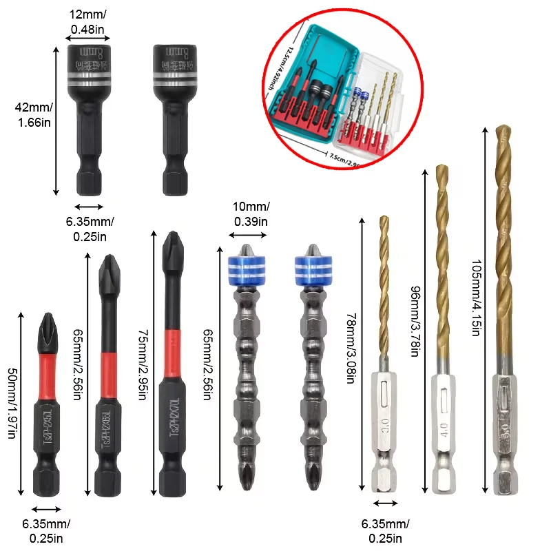 Multi‑Function 10Pcs Tool Kit, Magnetic Screwdriver Bits Sockets HSS Drill Bits with Portable Storage Case for Household DIY