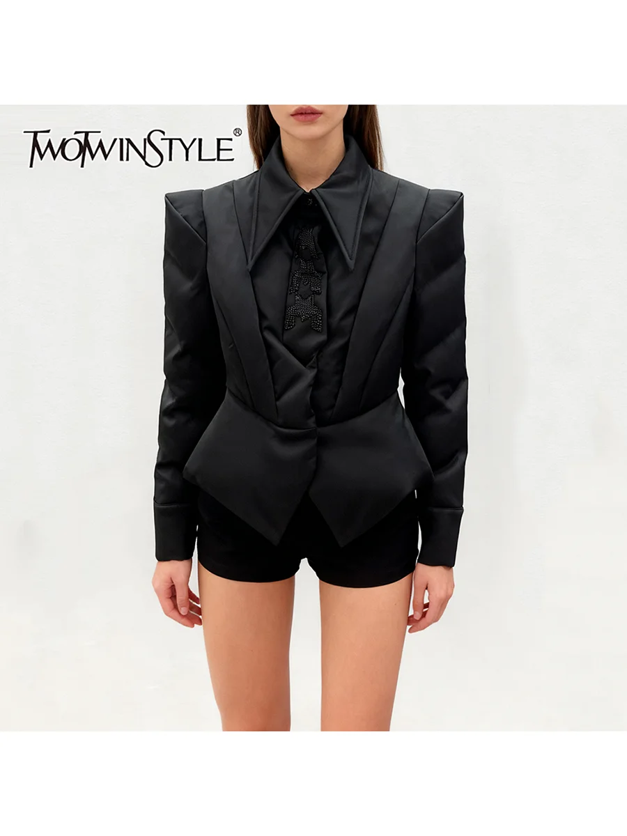 

TWOTWINSTYLE Solid Slimming Spliced Hot Fix Casual Coats for Women Lapel Long Sleeves High Waist Fashion Coat Female Clothes New
