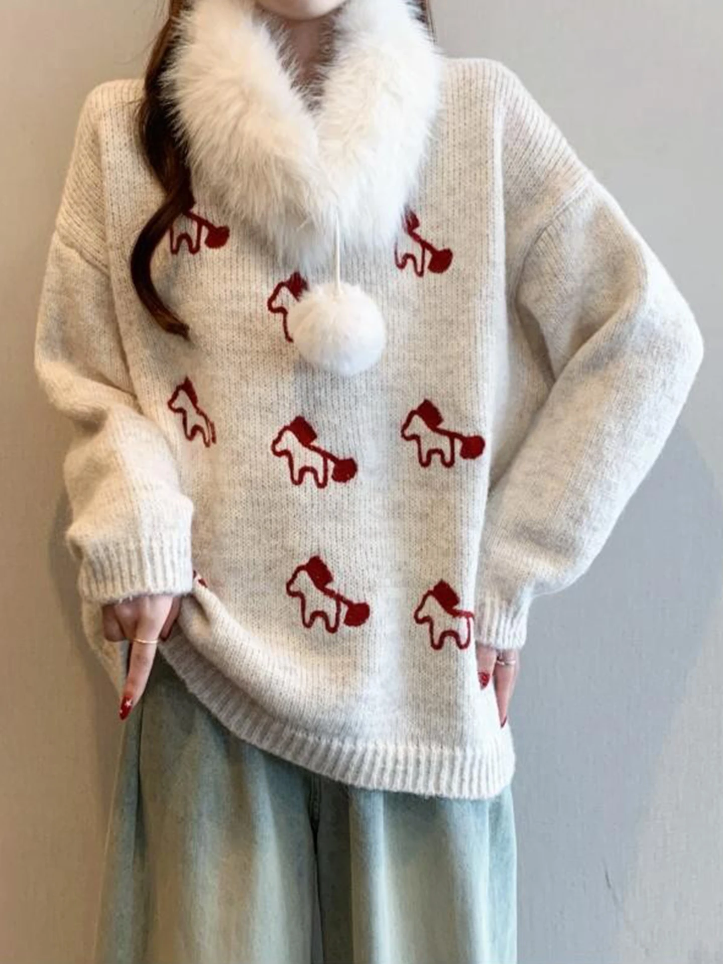 

Faionable Knitted Sweater with Scarf Year New Year Women's Autumn Winter Large Size Trendy Design Sense Top