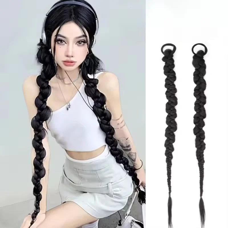 2pcs Synthetic Hair Braided Ponytail Holder Fashion Versatile Long Twist Hairbands Hip Hop Y2K Girls Styling Accessories