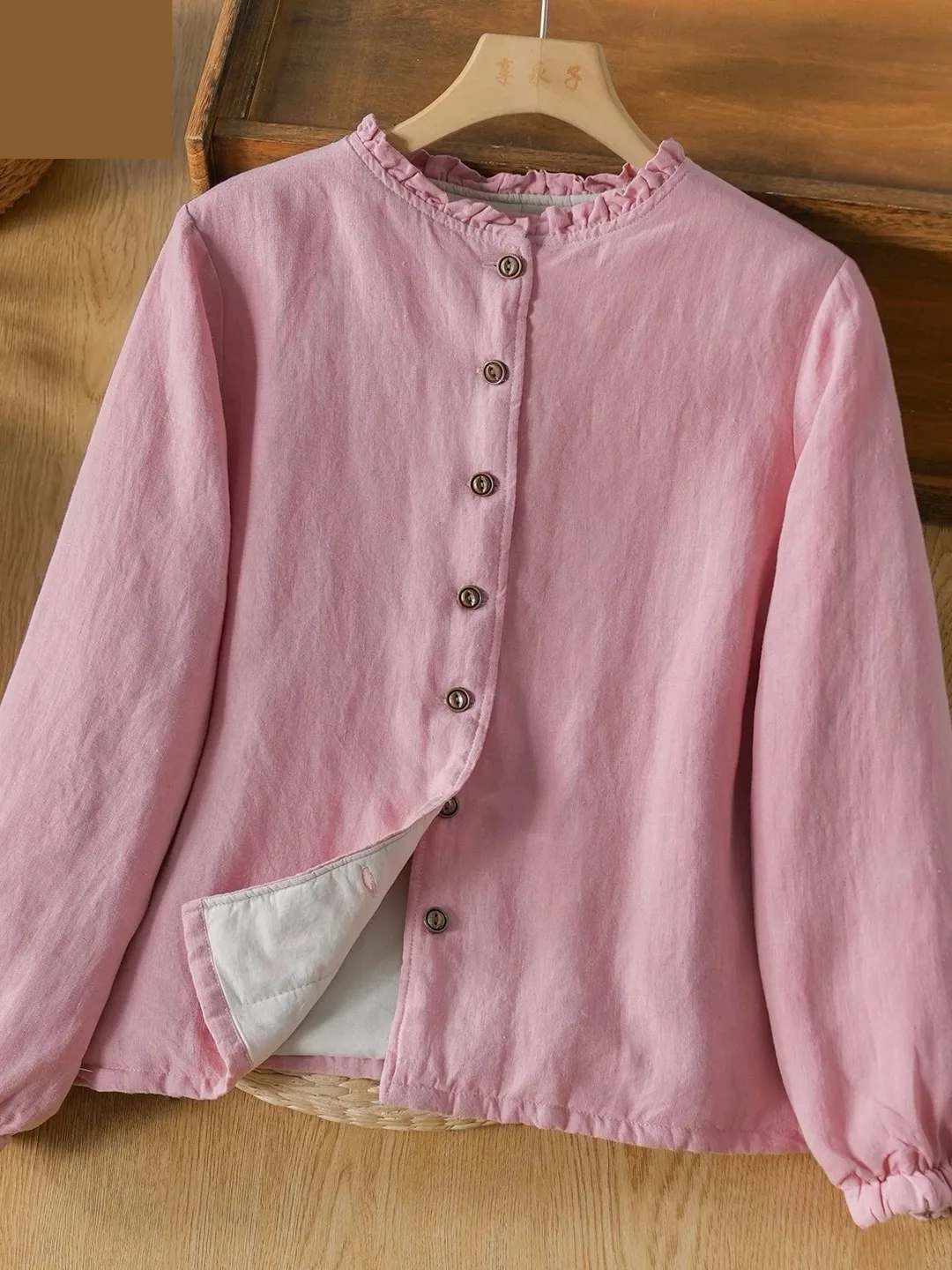 Casual Style Home Cotton Jacket Women's Lightweight Warm Large Size Flounce Collar Quilted Linen Blend Long Sleeve Cardigan