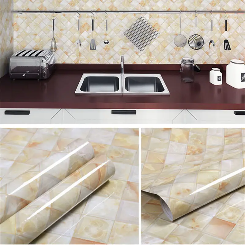 Kitchen DIY Self-Adhesive Waterproof Oil-proof PVC Wall Stickers Cabinets Countertop Wallpaper Bathroom Desktop Renovation Films
