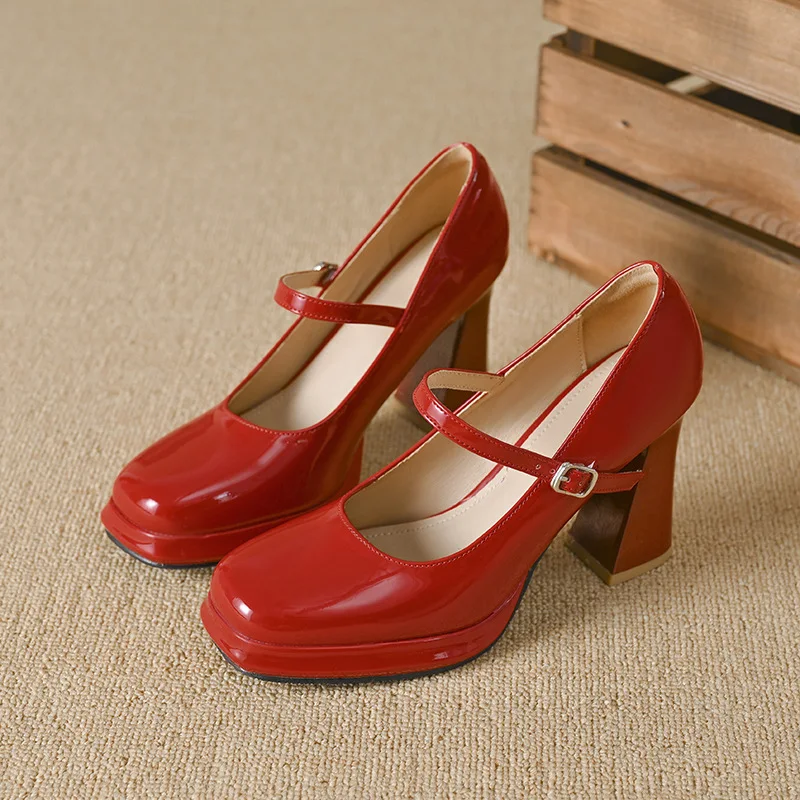 2025 Nuevo estilo Tacón de bloque de plataforma de inspiración francesa Tacones altos Mary Jane Zapatos de vestir de mujer con correa de hebilla versátiles y de moda