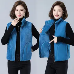 2023 Autumn Winter Double Sided Wear Vest Middle-aged Women's Fluffy Fleece Sleeveless Jacket Casual Thick Warm Short Waistcoat