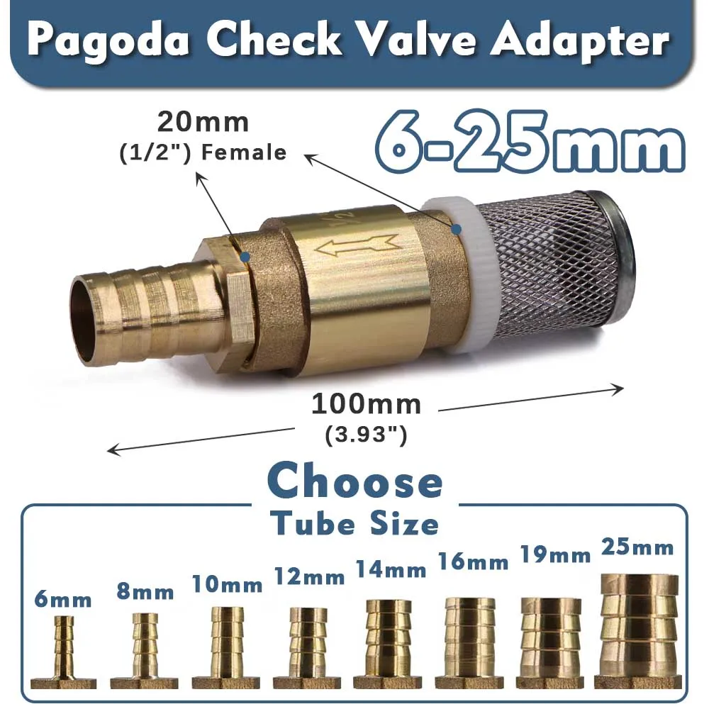 1pc 6-25mm 1/2″ Pagoda Check Valve Hose Adapter w/ Filter Brass Anti Backflow One-Way Valve Pump Prefilter Protect Water Control