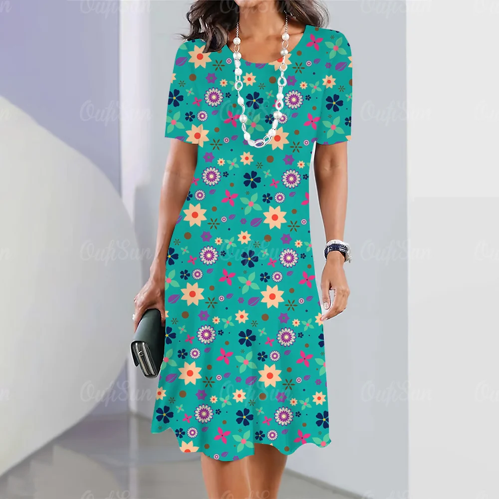 Vestido holgado informal de manga corta para mujer, traje elegante con elementos de flores trituradas para fiesta de viaje, verano, 2023