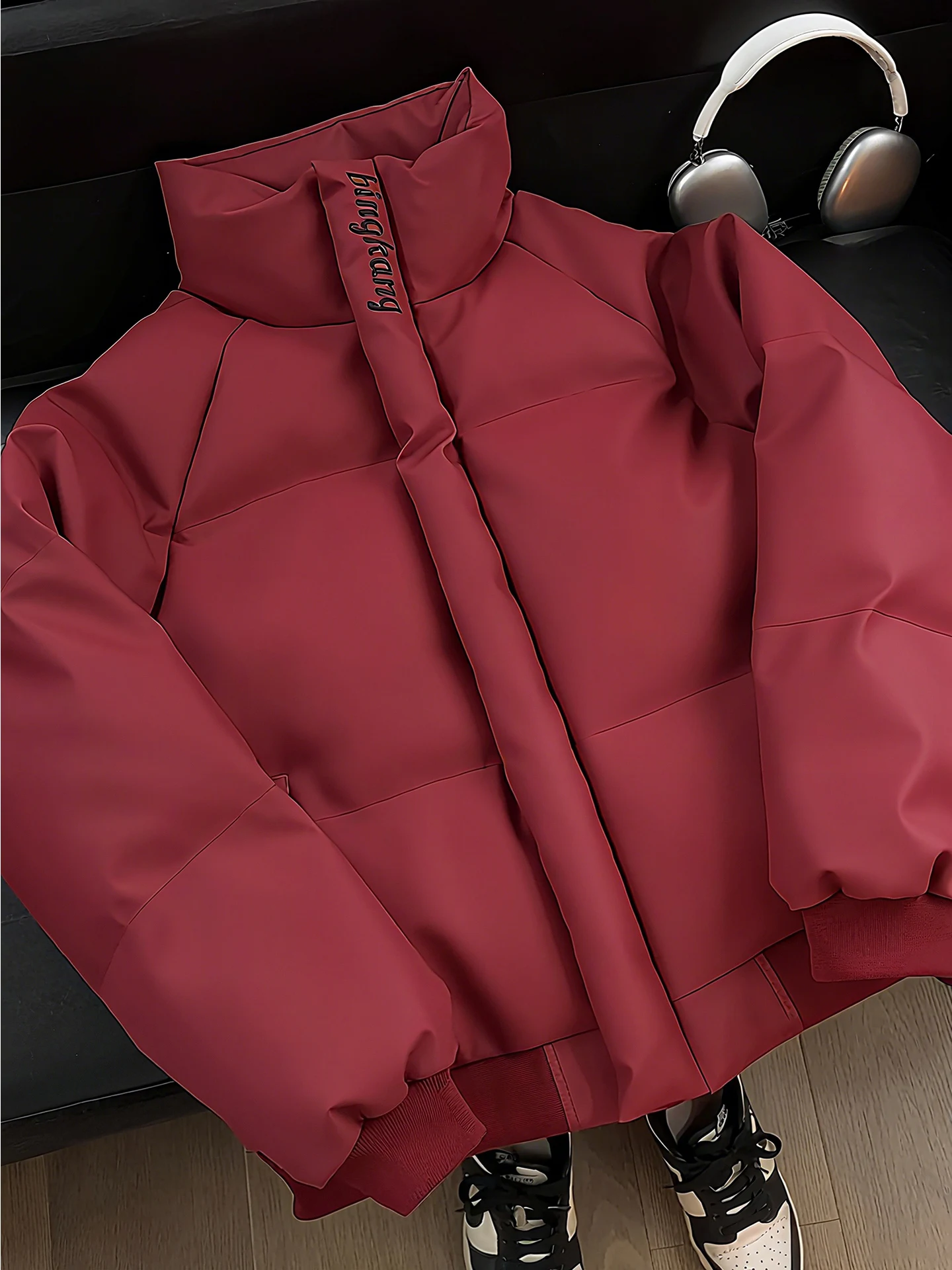 الأحمر الأمريكي التطريز بو الجلود أسفل Jaet الرجال Thiened شتاء دافئ ort Sle الوقوف طوق القطن معطف ملابس خارجية