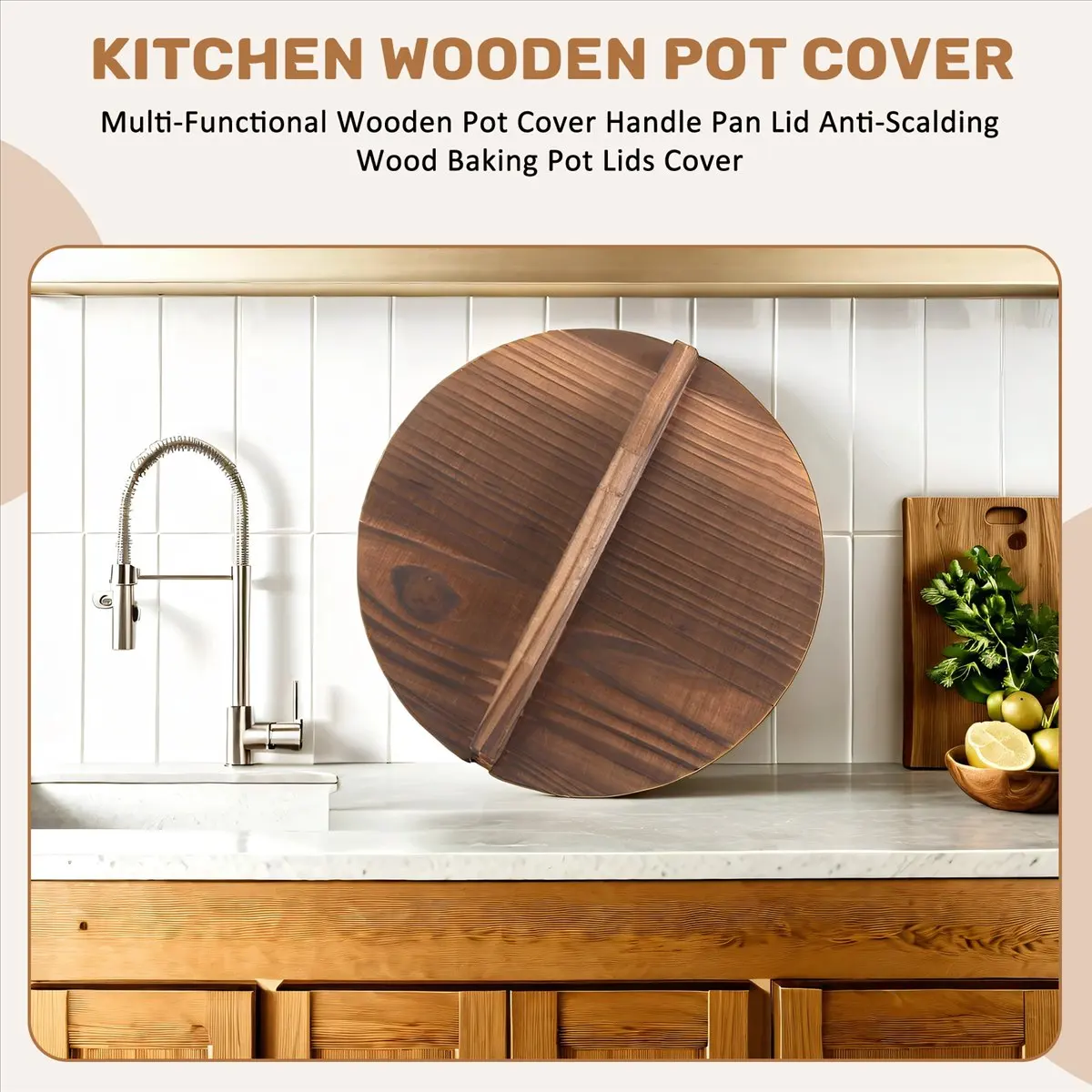 【~ New A20Z】Kitchen Multi-Functional Wooden Pot Cover Handle Pan Lid Eco-Friendly Anti-Scalding Wood Baking Pot Lids Cover 26cm