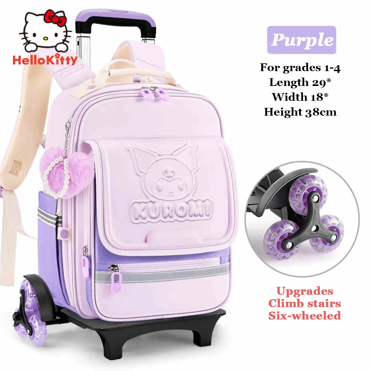 Miniso Cinnamoroll Kuromi Girl Trolley Schoolbag Pupil Grade1-4 cute Wheeled Backpack Elementary Student 6-Wheel School Bag Gift