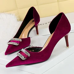 BIGTREE Elegant Women Shoes 7cm Thin High Heels Thick Velvet Shallow Pointed Toe Side Hollow Crystal Buckle Ladies Pumps Purple