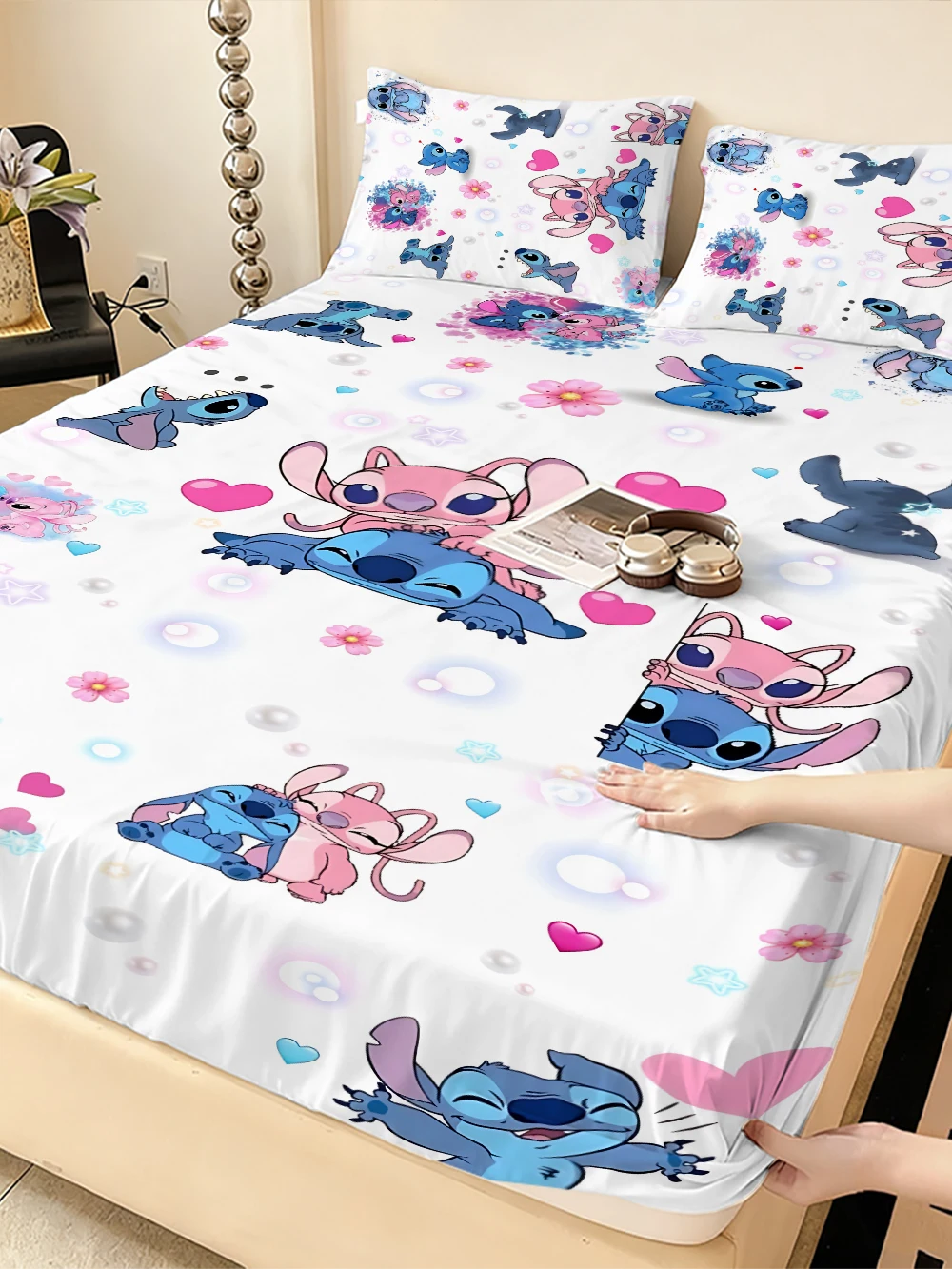 Draps de lit extensibles Disney Stitch, draps de lit double, couvre-lits en velours doux et chaud, housses de matelas, housses de protection de draps,