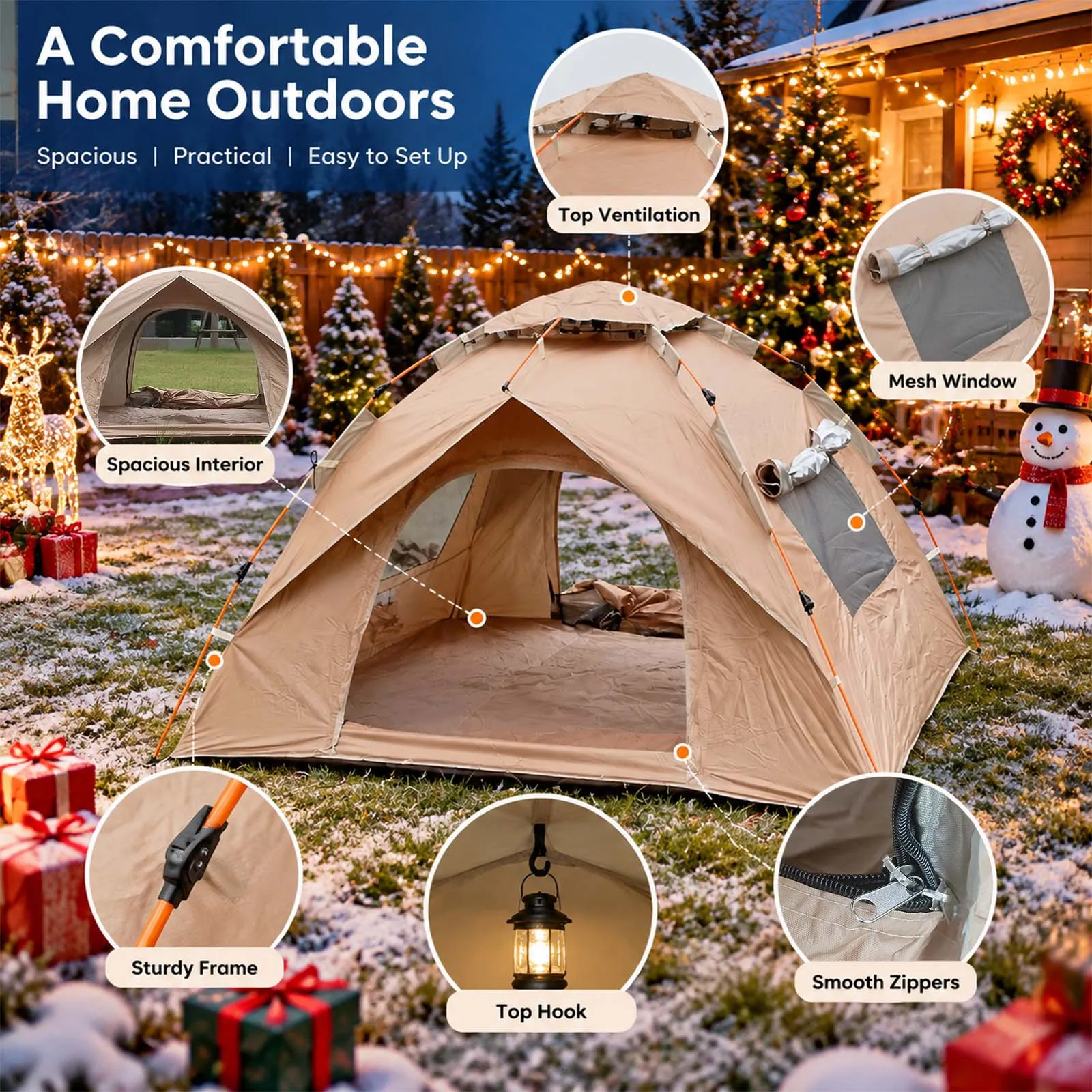 Pop Up Camping Tent Automatic Instant Setup 2 Person Sand Gold Dome Tent 2 Doors 2 Windows for Backyard Holiday Party Park