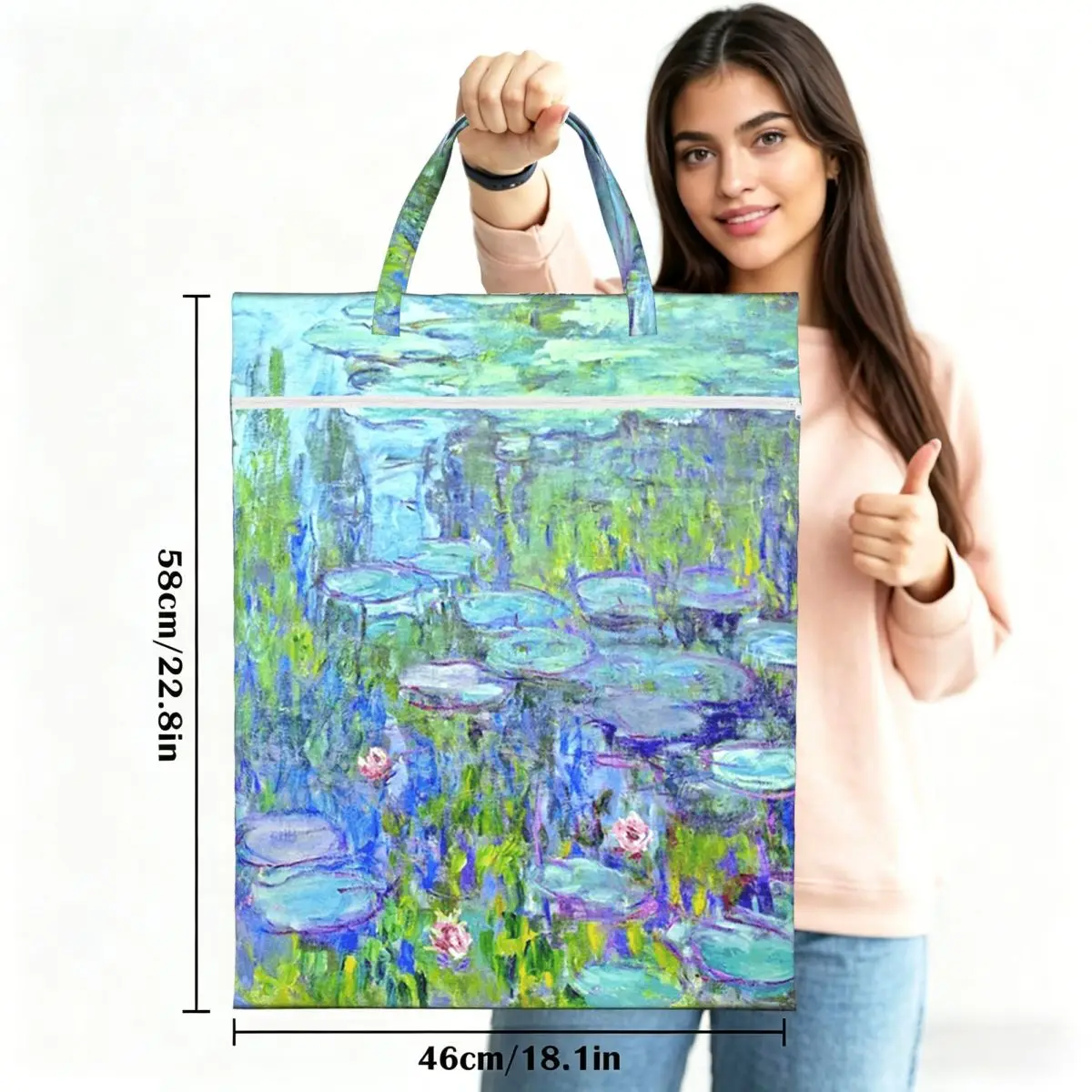 Female Long Water Lilies Claude Monet Travel Laundry Bag Waterproof Reusable Dirty Clothes Pouch Gym Vacation Washing Basket