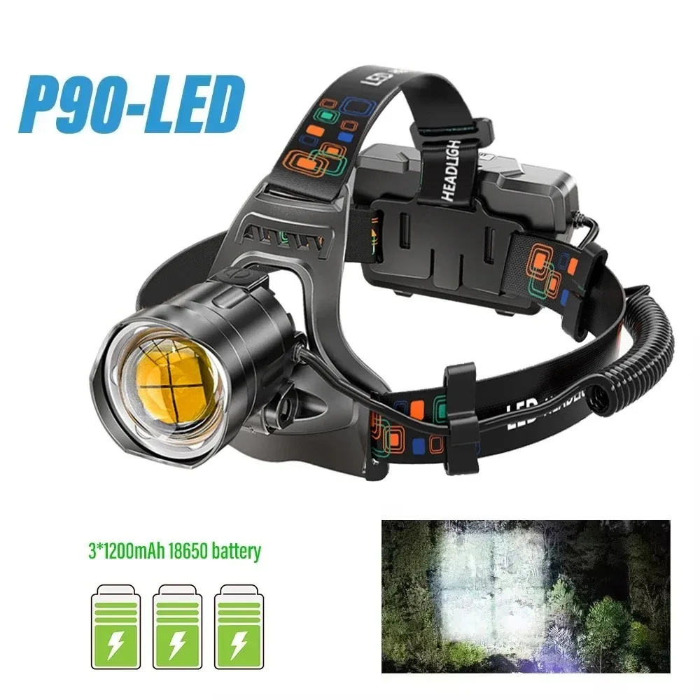 Super Bright LED Headlamp P50/P90 Lamp Beads Waterproof Zoom Spotlight Headlight Power Display for Outdoor Fishing