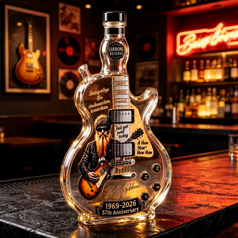 Billy Gibbons 57th Anniversary Guitar Shaped Glass Decanter Rock Music Whiskey Bottle Collectible Home Bar Decor