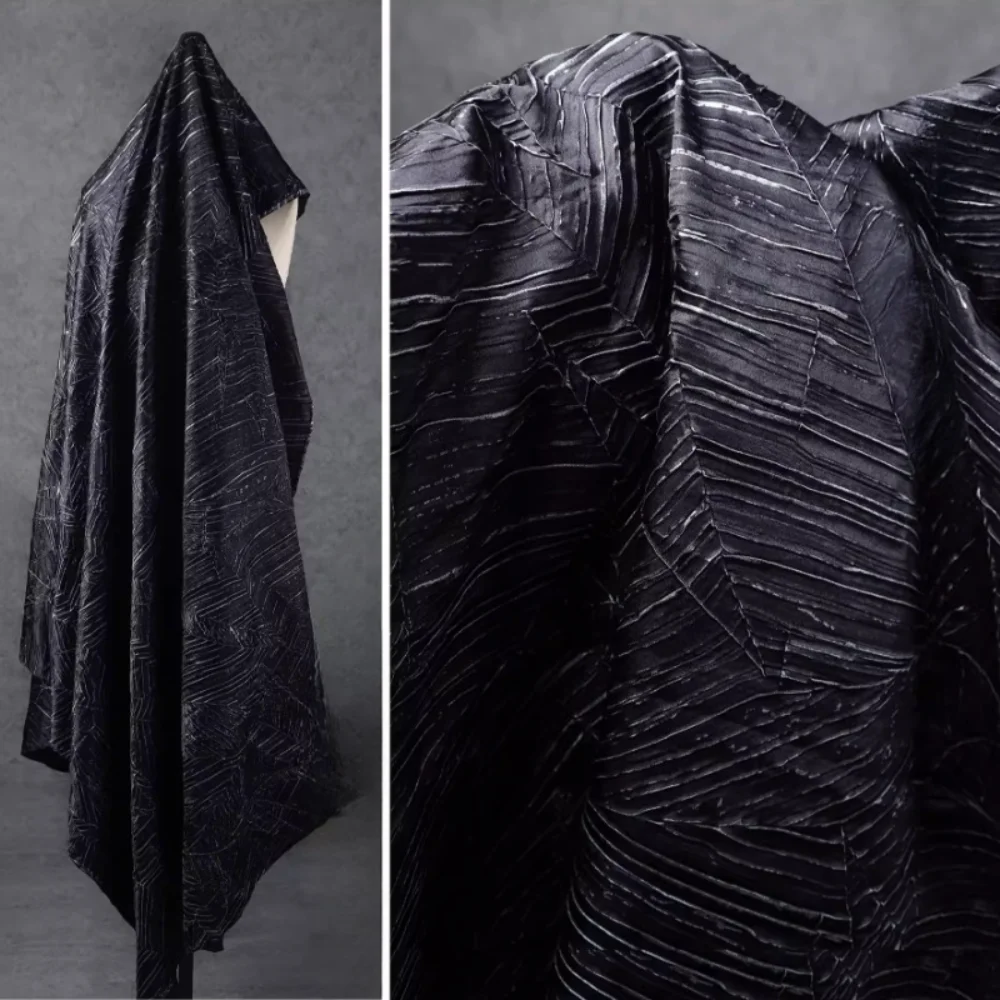 

Black Special Pleated Leather Fabric for Vintage Outerwear Bags Clothing Designer Apparel Diy Sewing Cloth Material