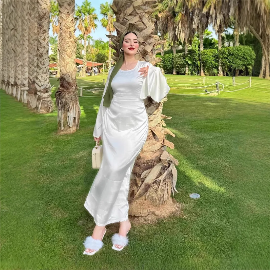 Oriente médio dubai robe robe cross-border roupas femininas cor sólida vestido de cetim amazon comércio exterior outono novo cw64428