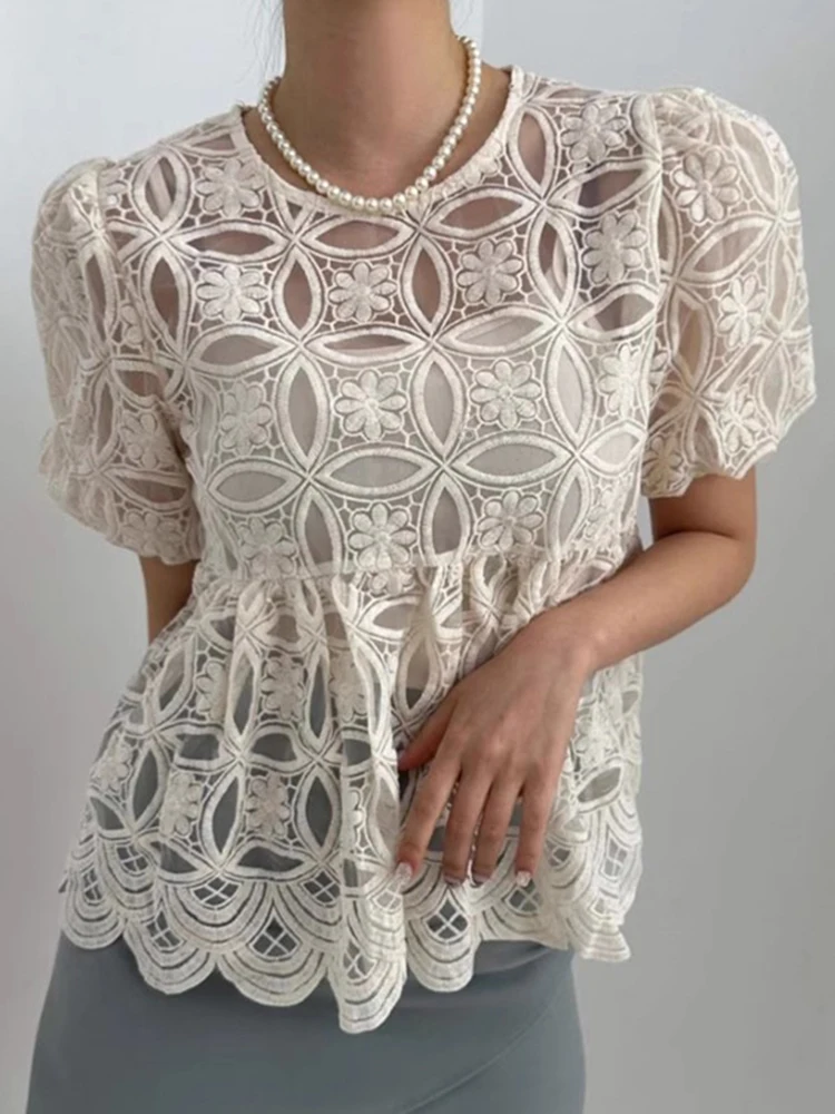 

Korean Chic Bubble Sleeve Hollowed Out Women's Lace Blouse Top With Inner Camisole Two Pieces Set 2024 Spring Summer 073