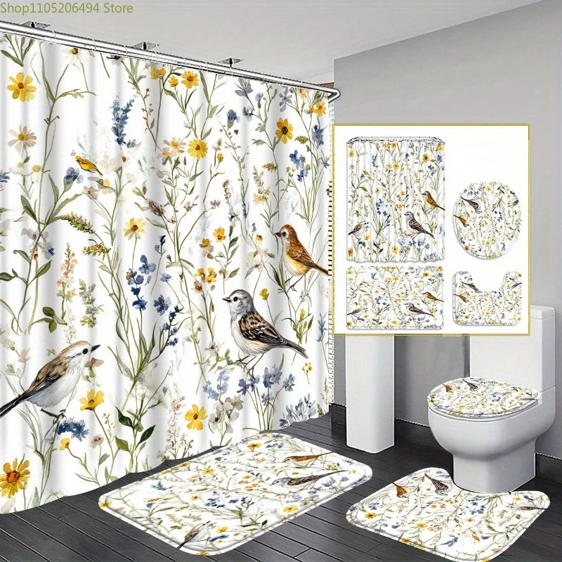 

1/3/4pcs Pastoral Floral Shower Curtain Set - Fresh White Background Multicolor Floral Print Bathroom Decor, Includes, U-Shape