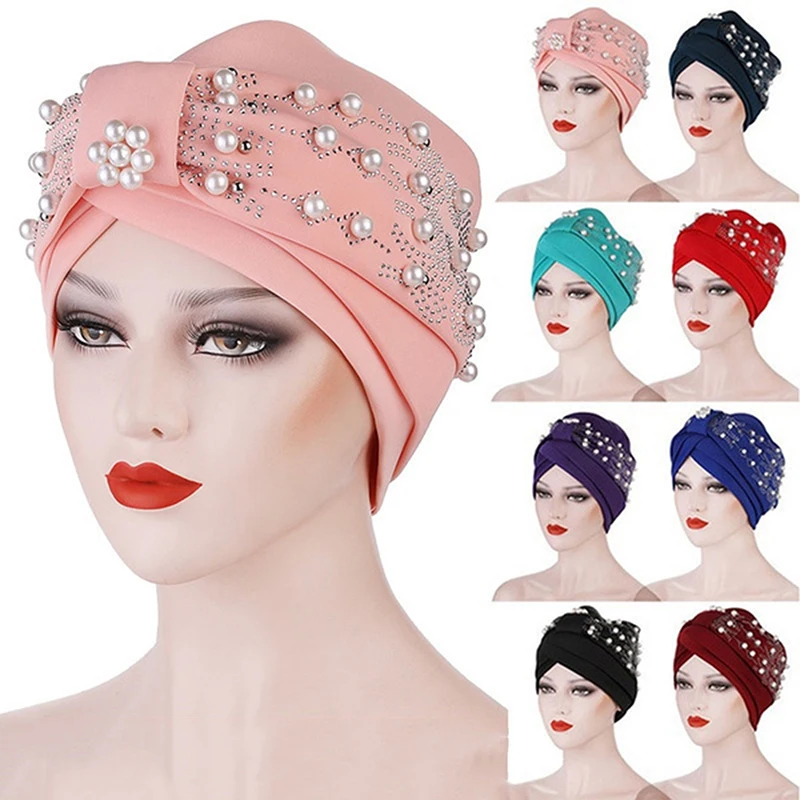 Ladies Turban Stretch Cloth Head Hats Ladies Hair Accessories Muslim Scarf Hats Drill Nail Pearl Toe Caps