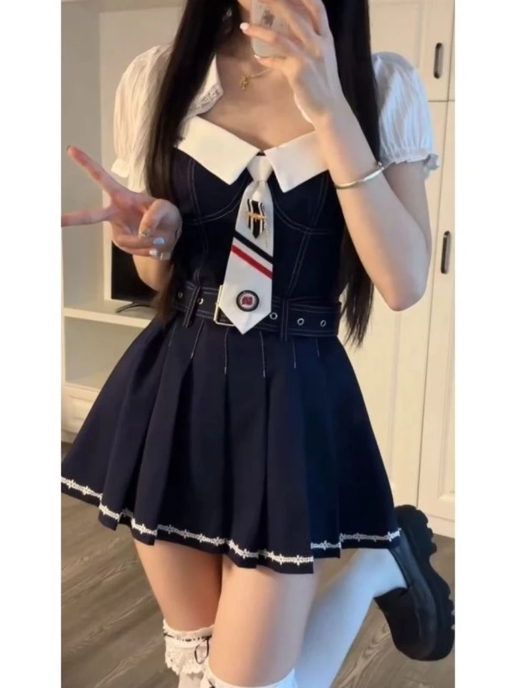 Summer Two Piece Set Women Navy Blue Suspender Dress with White Puff Sleeve Blouse Sweet College Style Slim Fit Kawaii Outfits