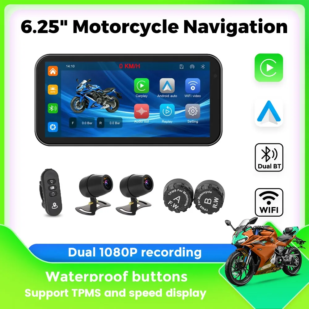 6.25INCH Anti Shake Motorcycle CarPlay Navigation Car HD DVR Recorder Wireless Android Auto IP67 Waterproof Motorcycle Monitor