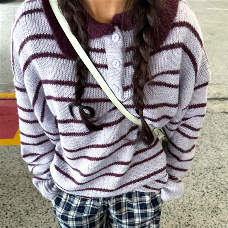 

Women's Y2K Striped Turn Down Collar Sweatshirt Knit Oversized Long Sleeve Button Lapel Collar Classic Knit Sweater Tops
