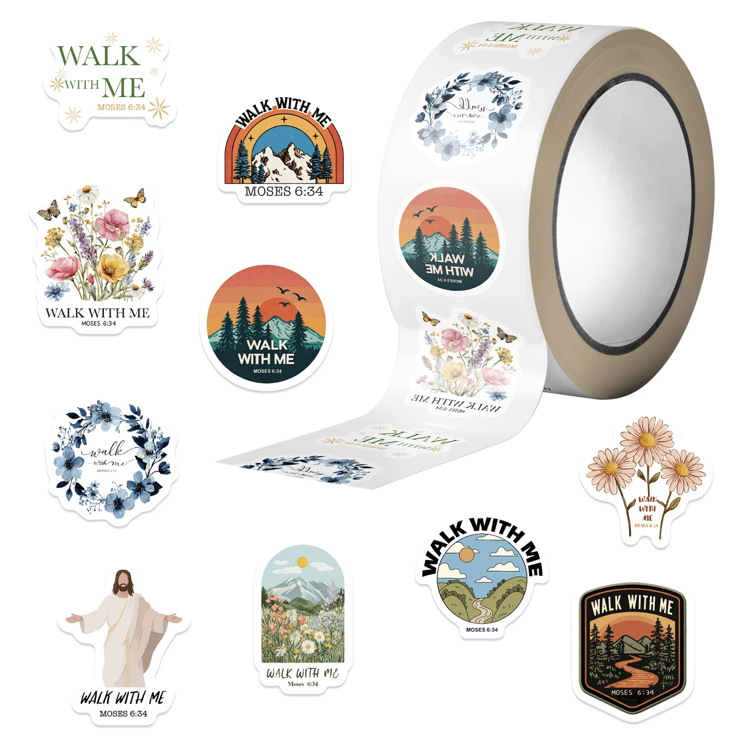 500PCS/Roll JESUS Walk with Me Roll Stickers Decorative DIY Phone Cases Water Cup Guitars Creative Waterproof Gift Decal