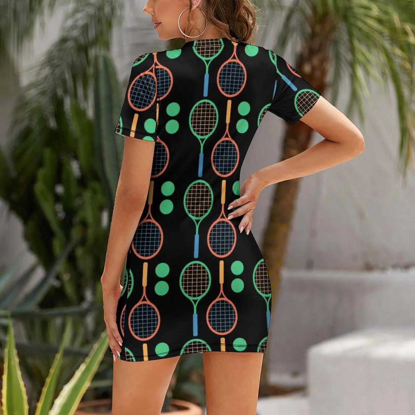 Colorful Reverse Tennis Rackets with Two Green Tennis Balls Short-Sleeved Dress summer woman dress 2026 Dress