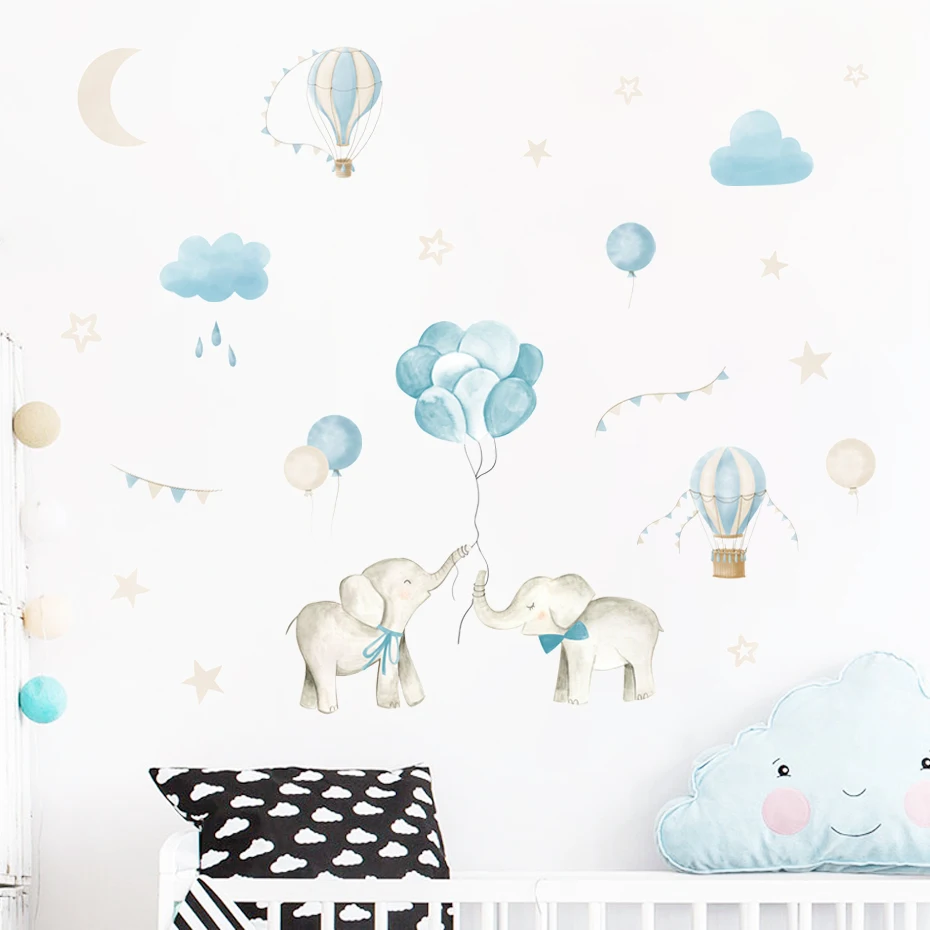 Blue Cartoon Cute Balloon Elephant Animal Watercolor Kids Wall Sticker Vinyl Nursery Art Decals for Babys Boys Room Home Decor