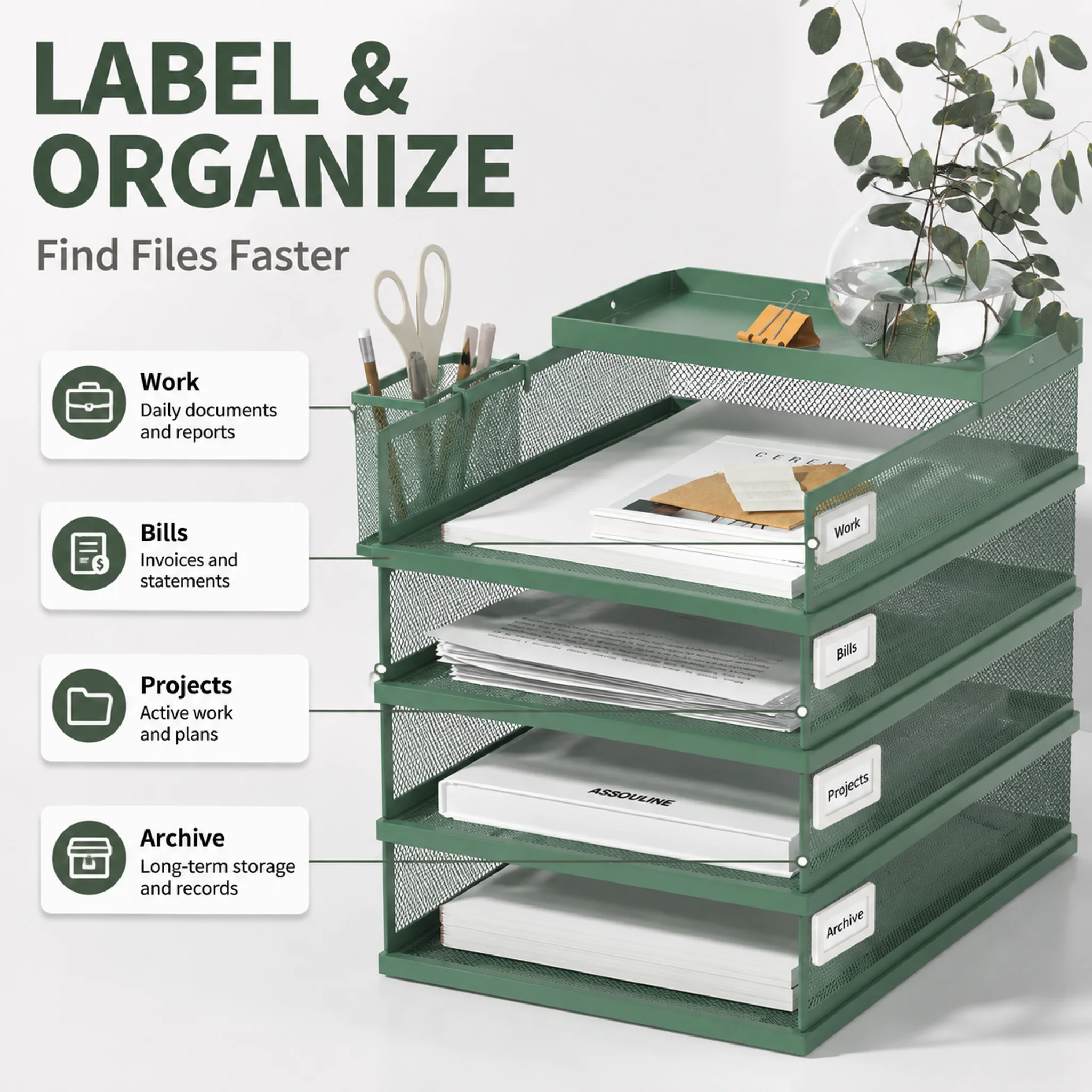 4 Tier Stackable Paper Tray Organizer, Metal Mesh Desktop File Holder with Pen Holder and Label Holders for Office School Home