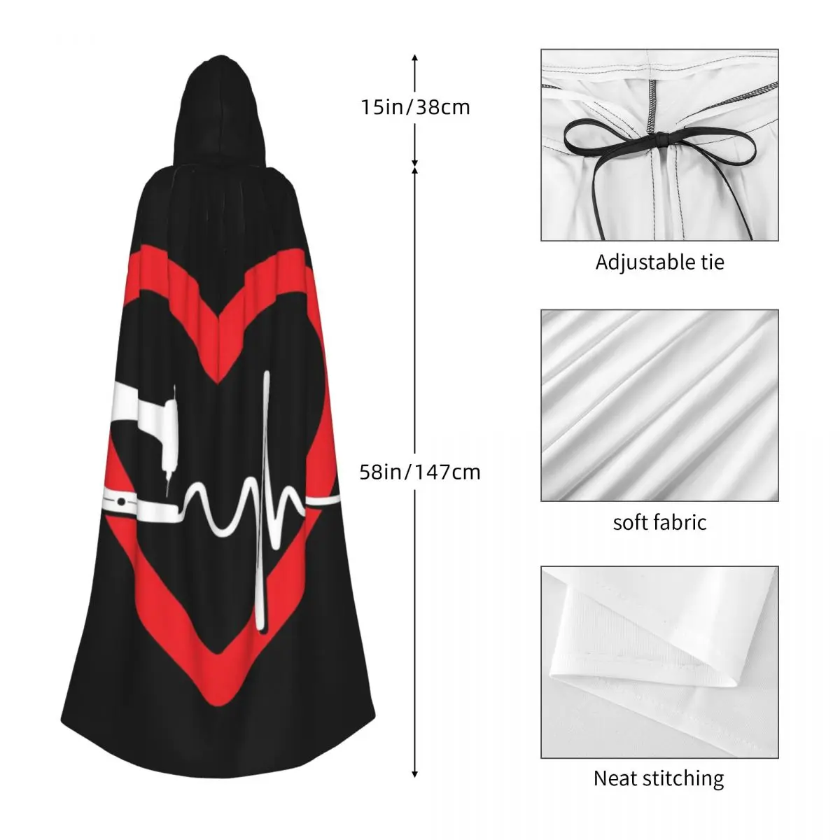 Quilting Heartbeat Long Hooded Cloak Witch Medieval Costume Cosplay Cape HalloweenParty Adult Unisex