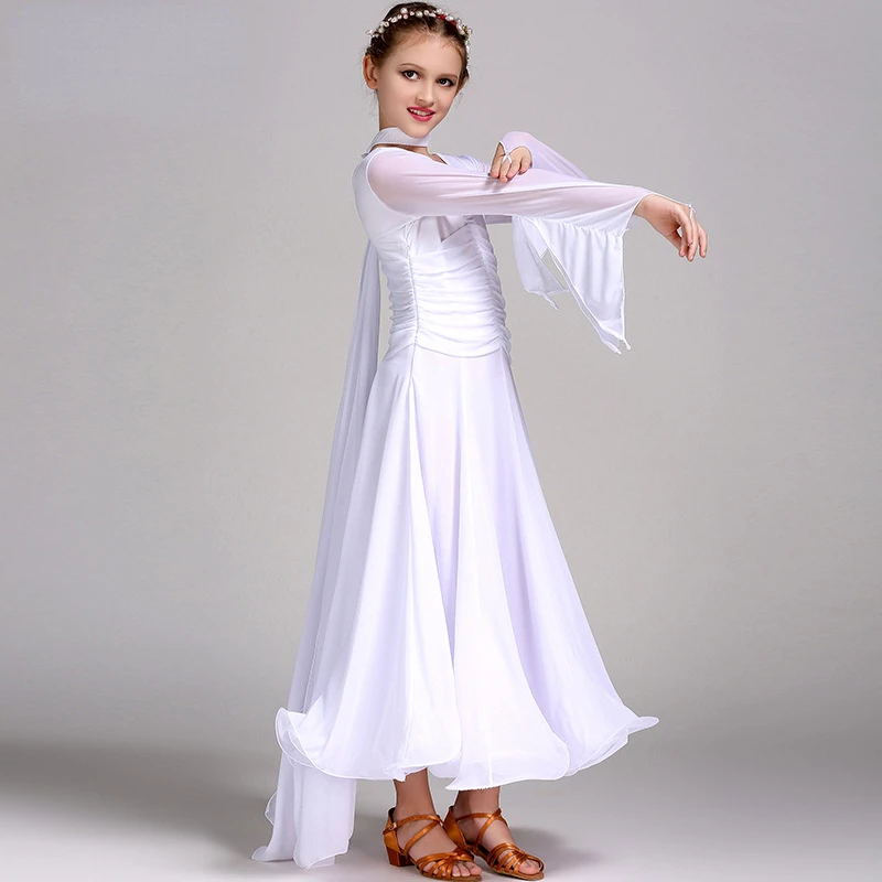 Robe de danse latine pour filles, à manches longues, bouffante, col en V, vêtements modernes