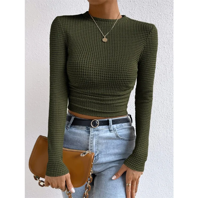 

Women's Simple Casual Waffle Knit Pullovers Pleated Side Temperament Commuting New Autumn Women Solid Long Sleeved Slim T-shirt