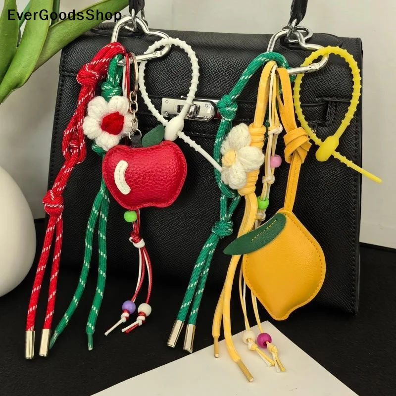 NewCute Faux Leather Fruit Bag Charm Keychain With Crochet Flower For Bag Backpack Key Hanging Decoration Lovely Gift