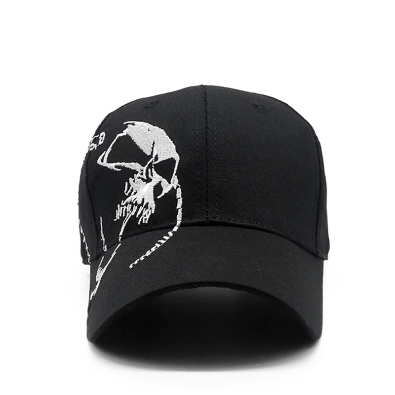 Boné crânio bordado para homens e mulheres, bonés de beisebol esportivo de algodão, padrão preto, snapback, boné masculino do exército, osso hip hop