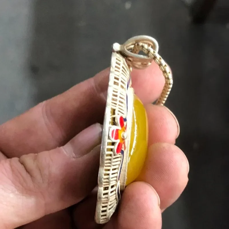 Vintage Cloisonne Pendant White Copper Silver Plated Inlaid Yellow Gem, Carved Antique Collectible Unisex Retro Necklace Jewelry