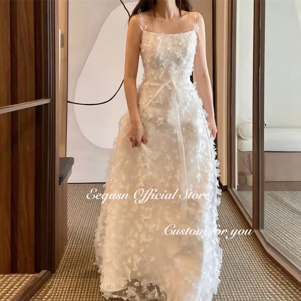 2025 Dreamy A Line Abiti da sposa Lungo pizzo Lunghezza pavimento Corea Servizio fotografico Abiti da sposa country formali senza spalline Personalizzati