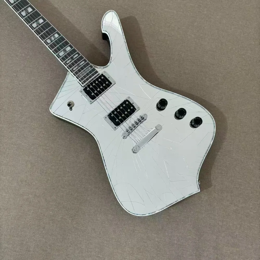 White 6 String Electric Guitar Solid Mahogany Body Special Irregular Shape Crack Texture Finish  Smooth Neck Stable Tuning Great for Metal Hard Rock Performance