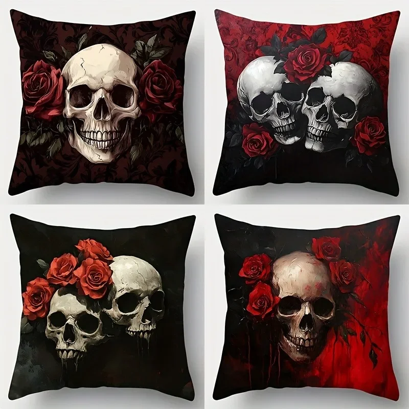 VIKAMA Edgy Skull & Rose Kissenbezüge, Wohnzimmer-Sofa-Kissenbezug, weich und bequem, Schlafzimmer-Raumdekoration