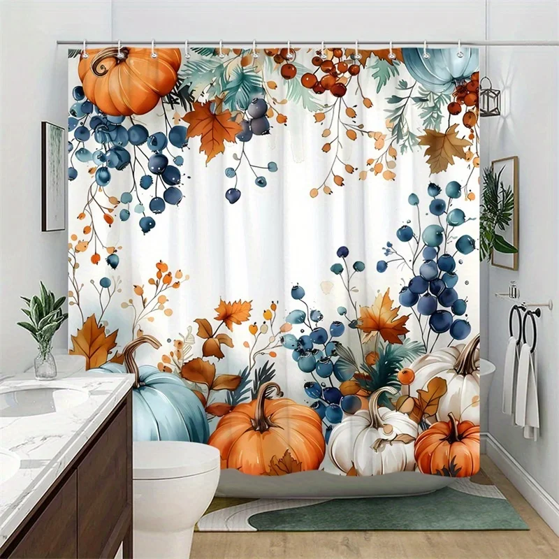 Fall Pumpkin Shower Curtain with Hooks, Rustic Farmhouse Watercolor Maple Leaf and Berry Print, Machine Washable Autumn Bathroom Decor