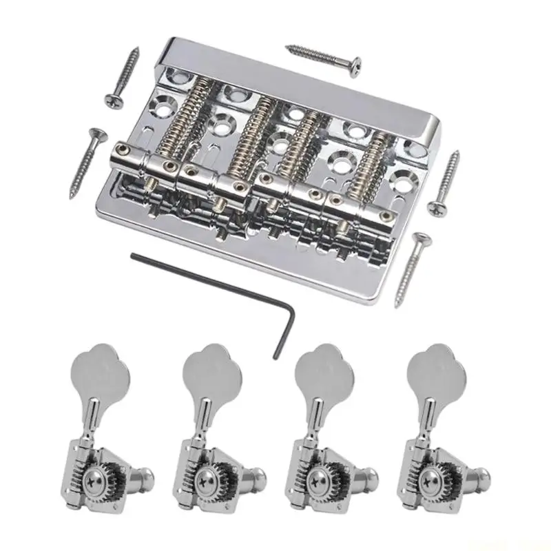 U2JB Four-Support Electric Bass Bridge and Tuner Set, Metal Hardware for .045-.105 String Thickness Adjustment Planning
