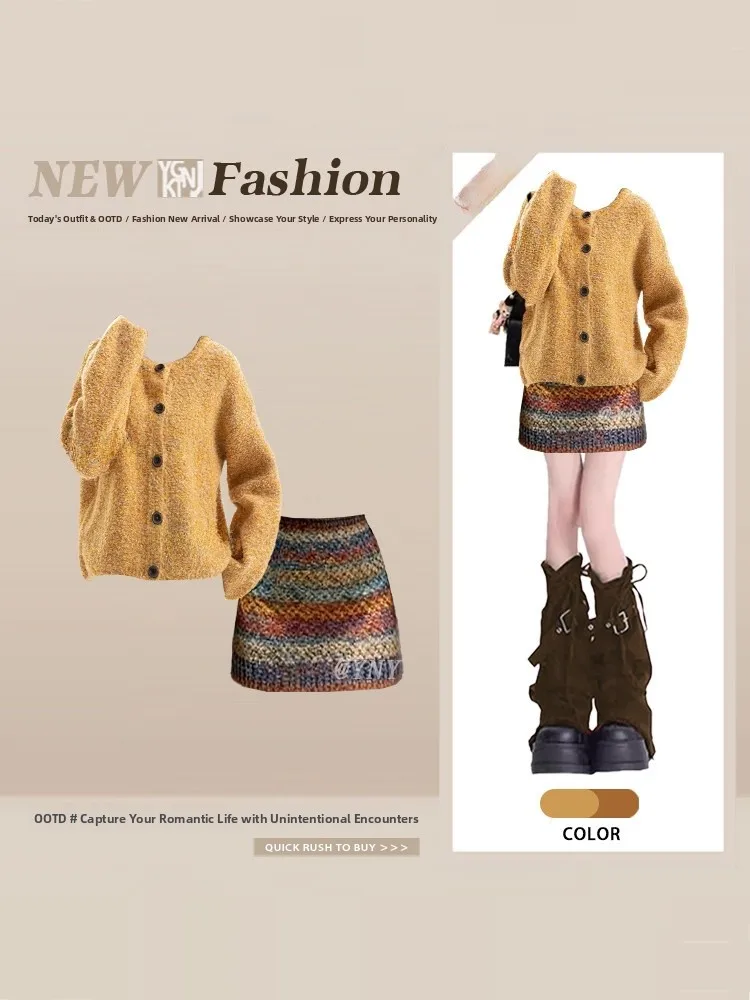 ชุดไหมพรมฤดูหนาวดีไซน์สวยไม่ซ้ำใครสำหรับผู้หญิง กระโปรงยาวทรงเอ กระดุมเดี่ยว ลายทาง แฟชั่นทันสมัย