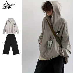 Hip Hop Street Sets Men Women Vintage Insignia Cardigan Hooded Sweatshirts+Loose Wide Leg Cargo Pants Autumn Casual Two-piece