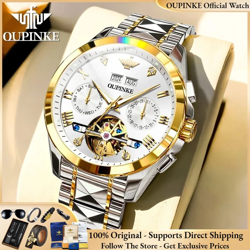 OUPINKE 3186 Men Watch All Automatic Skeleton Flywheel Mechanical Watch Luxury Brand Calendar Business Tungsten Steel Men Watch