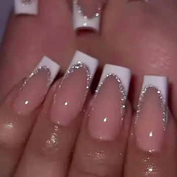 24片裝短方形棺材形假指甲,法式閃粉,可佩戴,壓克力全覆蓋,女士芭蕾舞按壓式指甲貼片 8 最佳銷售 法式美甲 - №8