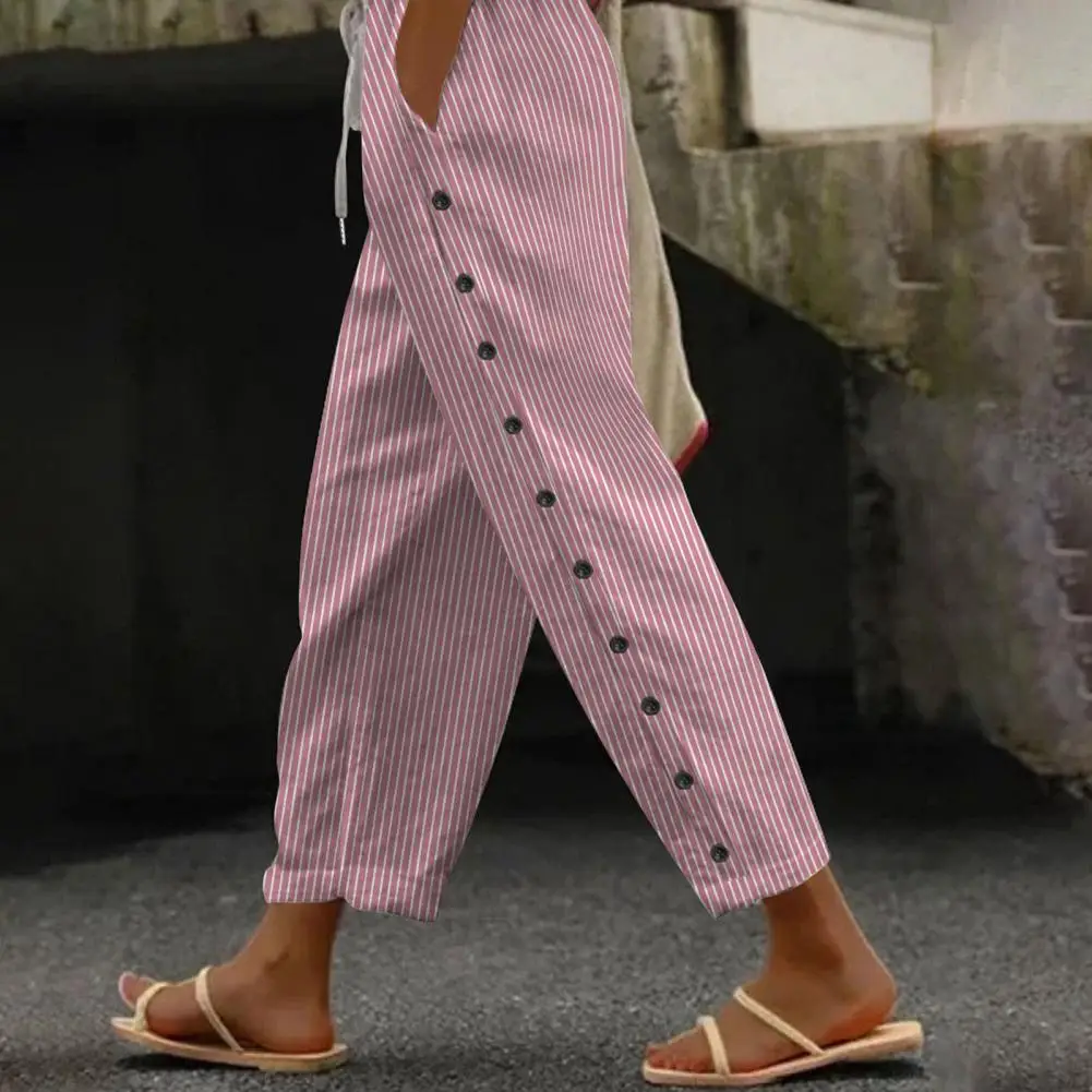 

Vertical Stripe Print Trousers Slimming Vertical Stripe Women's Casual Pants with Adjustable Drawstring Waist Pockets Women