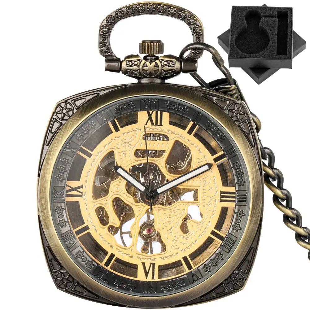 Square Bronze Manual Mechanical Pocket Watch Open Face Dial Hollow Roman Numerals FOB Chain Pendant Clock Hand Winding Timepiece